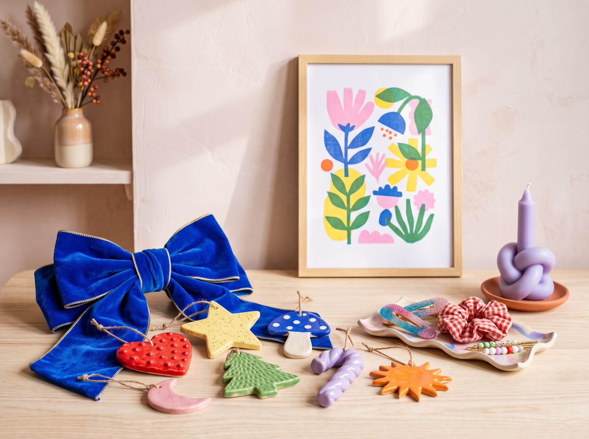 Colorful handmade holiday ornaments and accessories arranged in a maximalist Etsy-inspired still life