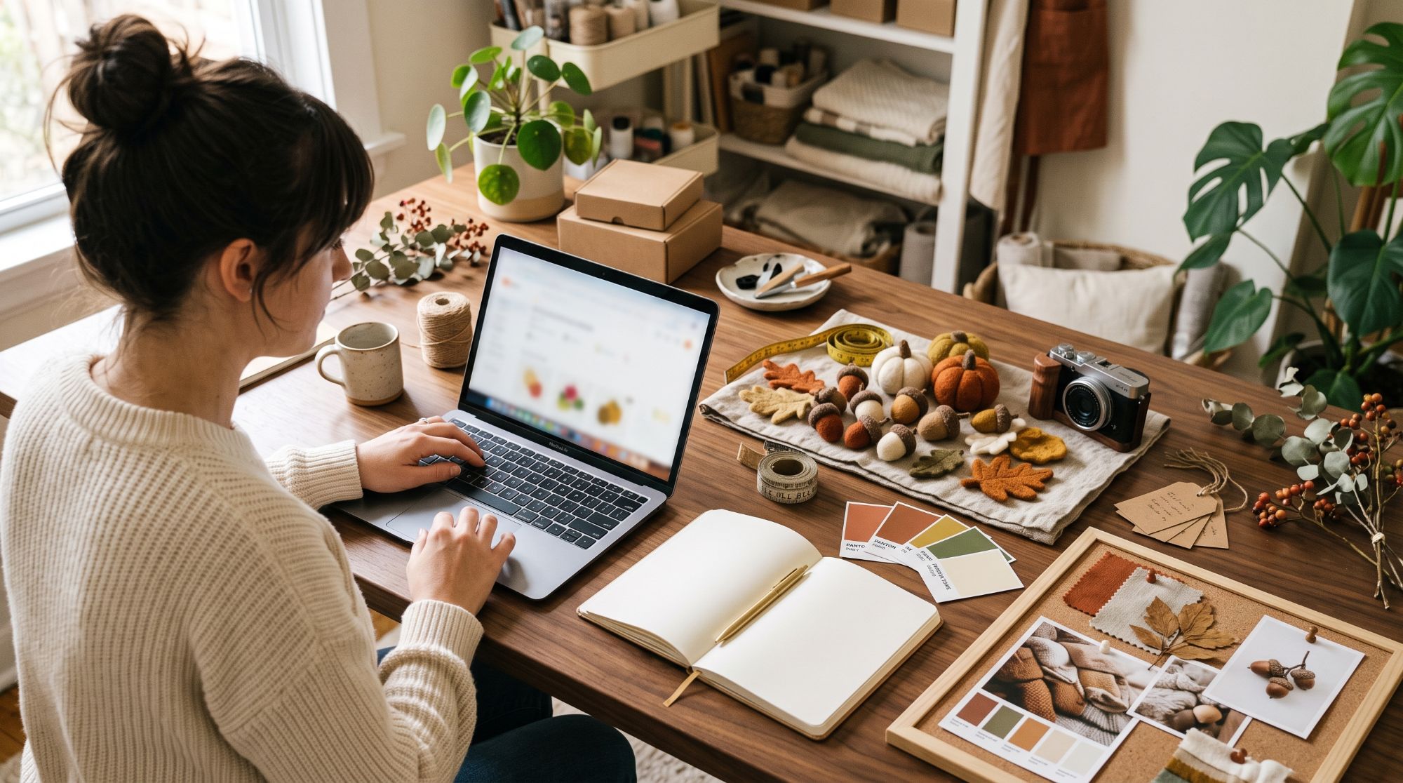 Etsy seller planning a seasonal product listing beside handmade products, packaging, and keyword research materials