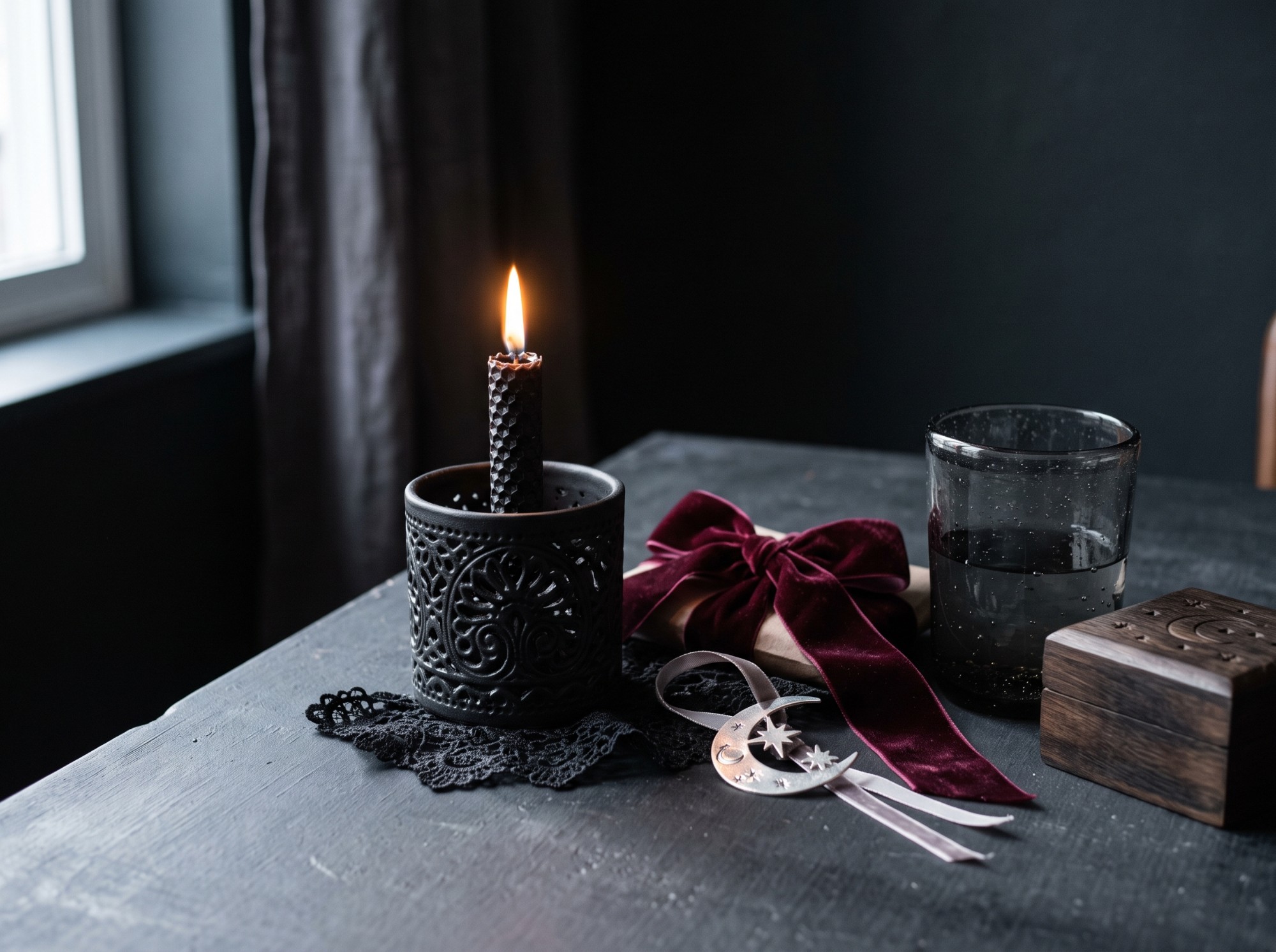 Dark romantic handmade holiday decor with a celestial ornament, black lace, velvet, and candlelight