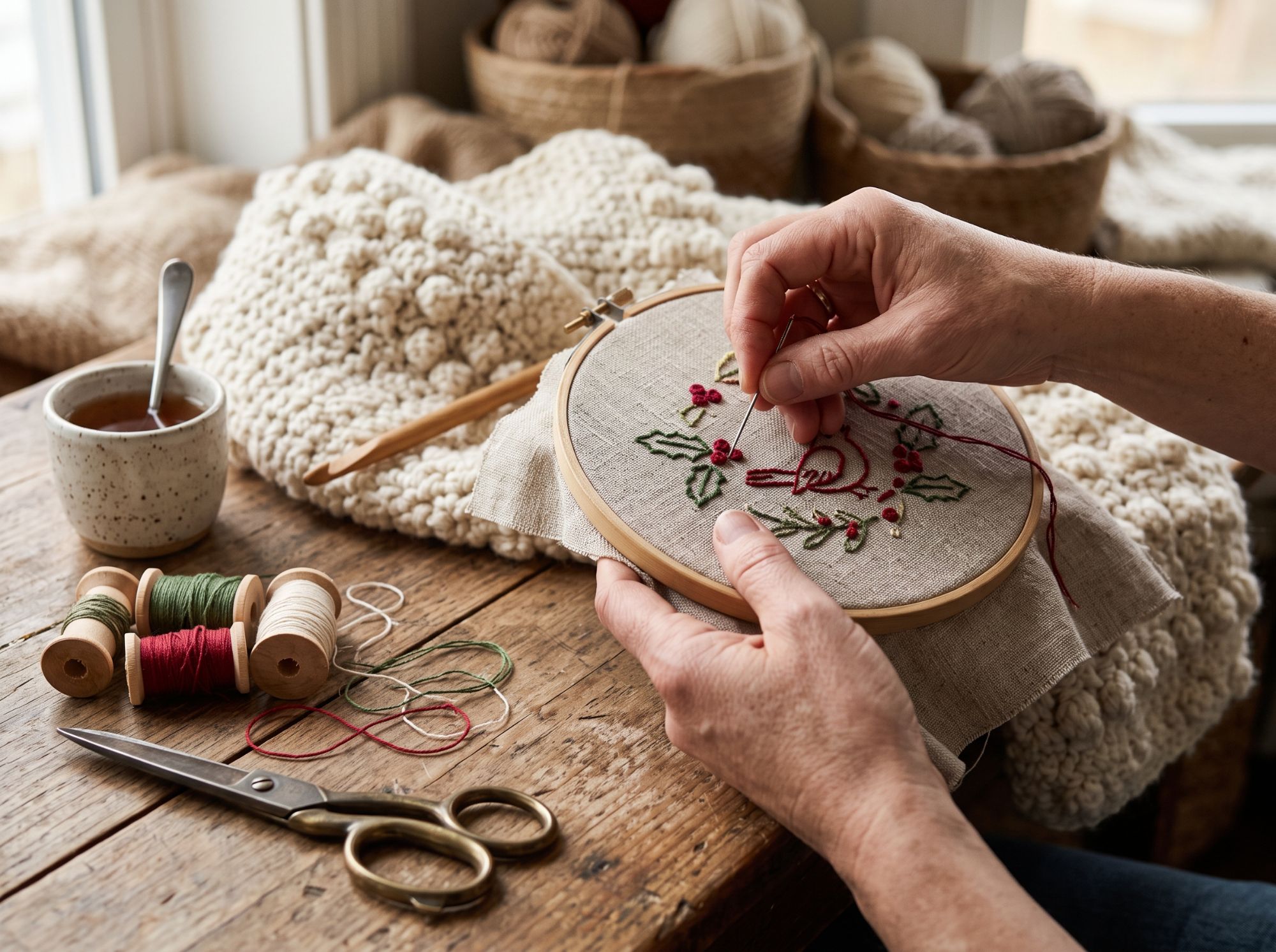 Close-up of an artisan embroidering a linen holiday stocking beside crochet materials