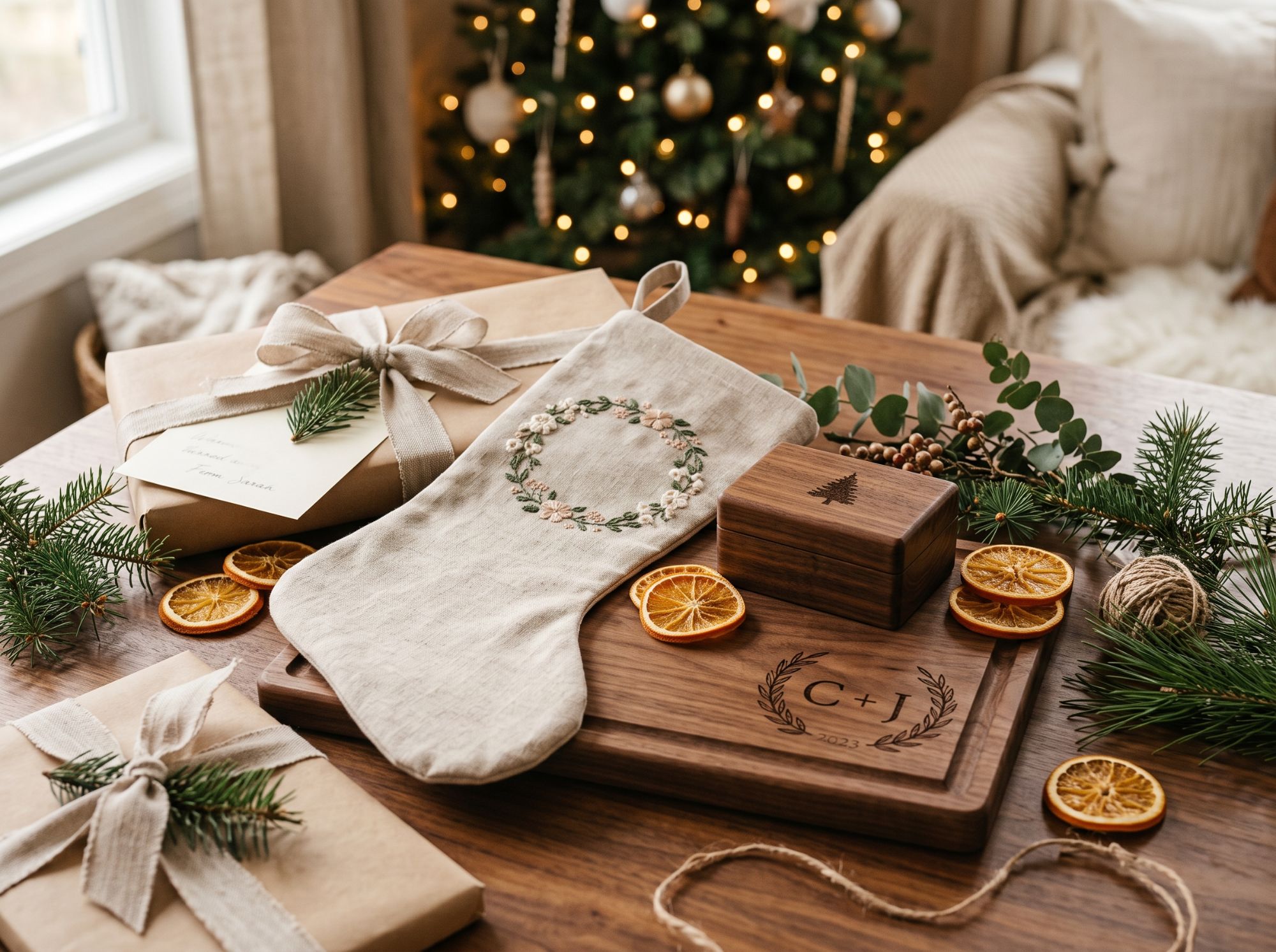 Personalized handmade gifts with an engraved walnut board, embroidered stocking, and keepsake box