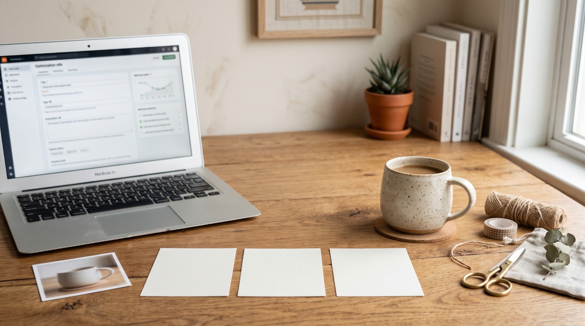 Handmade product and blurred listing optimization workspace for an Etsy SEO workflow